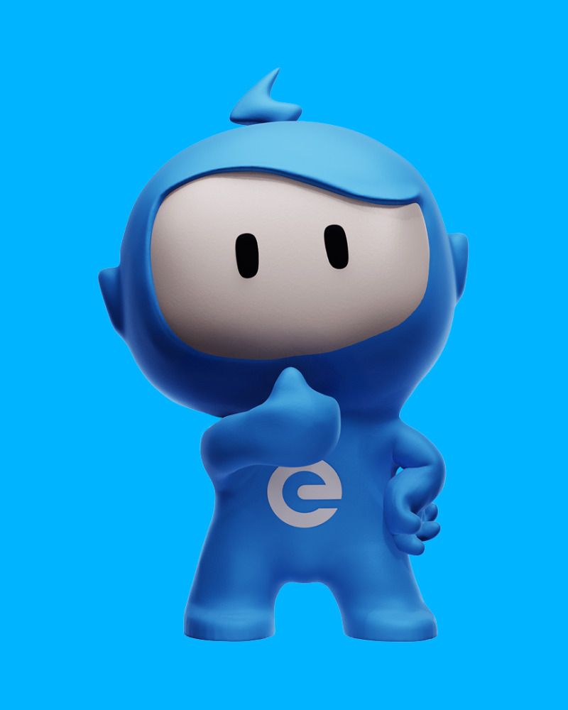 Groot blauw vlak met een robot figuur, de mascotte van Eneve.