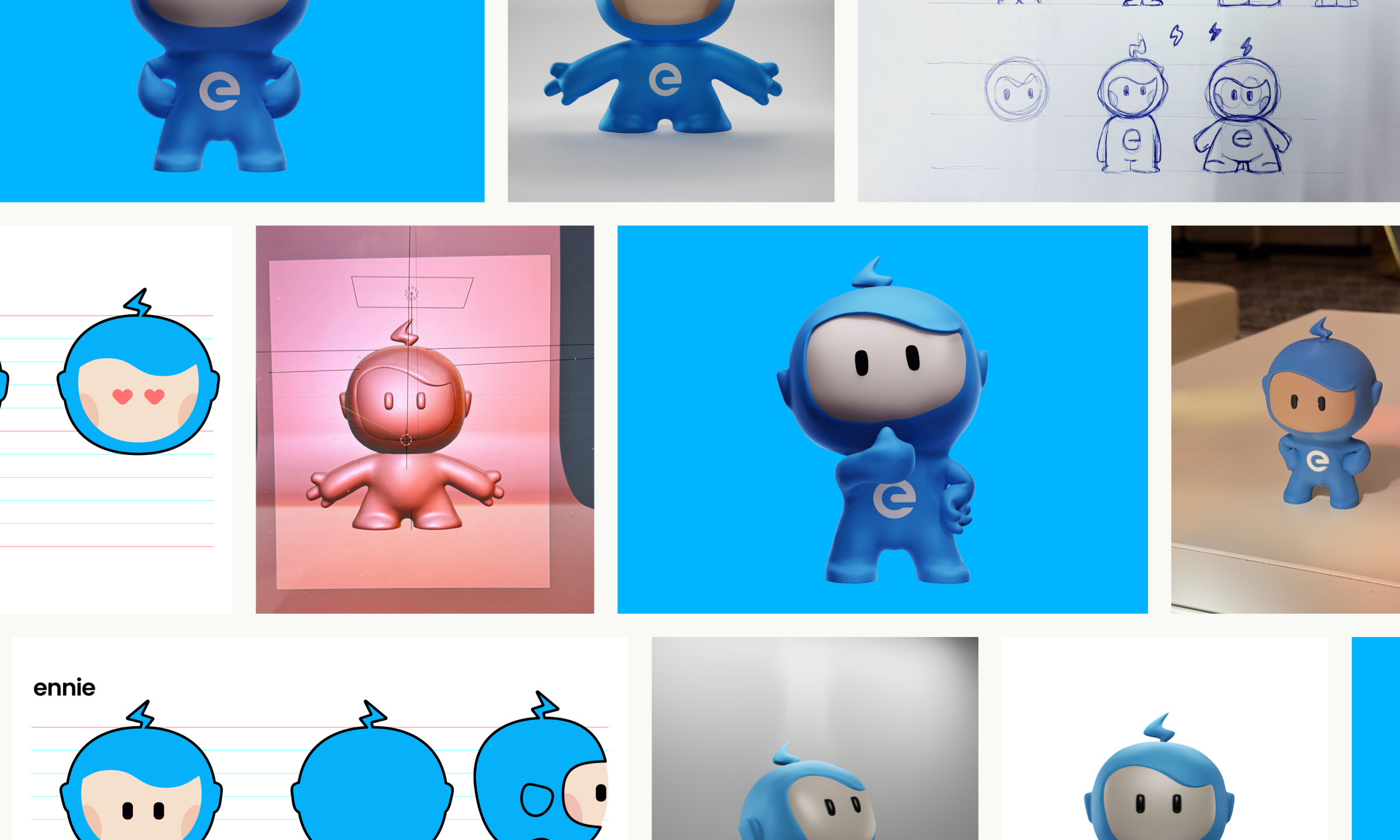 Collage van foto's die laten zien hoe de mascotte Ennie is gemaakt.